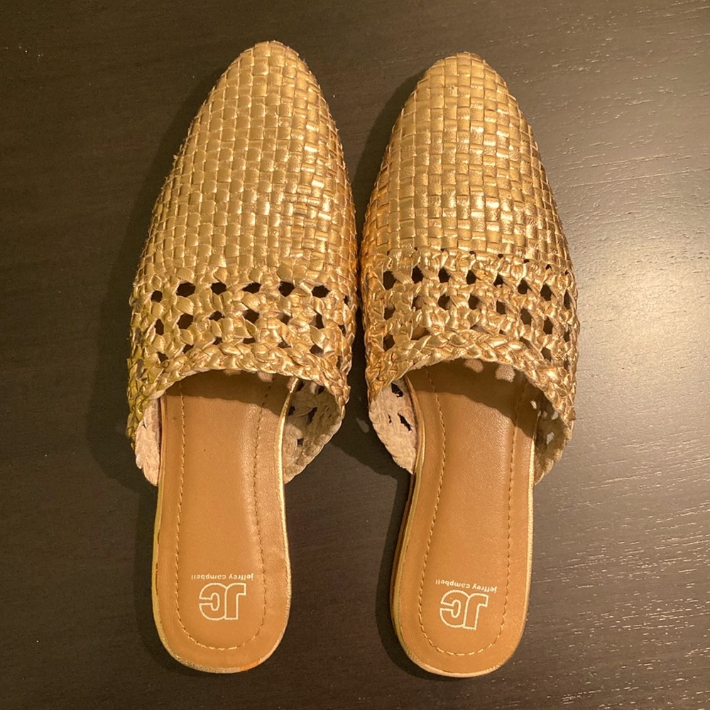 Jeffrey Campbell slip-on gold metallic mules. Woven. Size 6. Very good condition